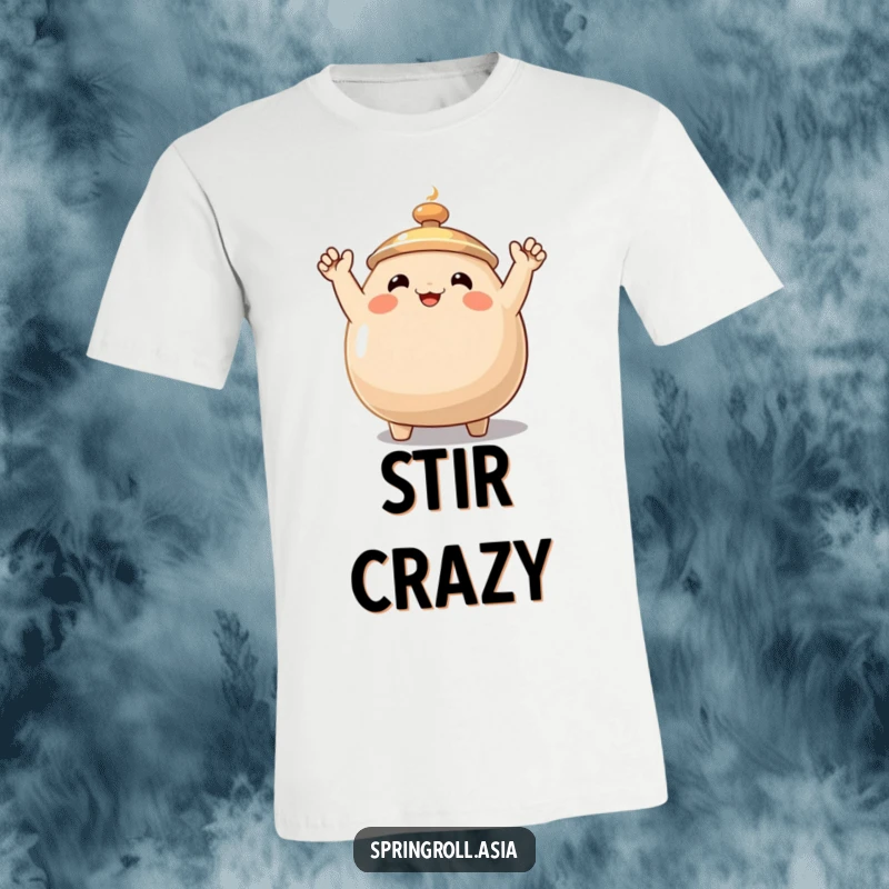 Funny wok t-shirt featuring a smiling cooking wok with small arms waving excitedly, a fun and energetic design for food lovers.