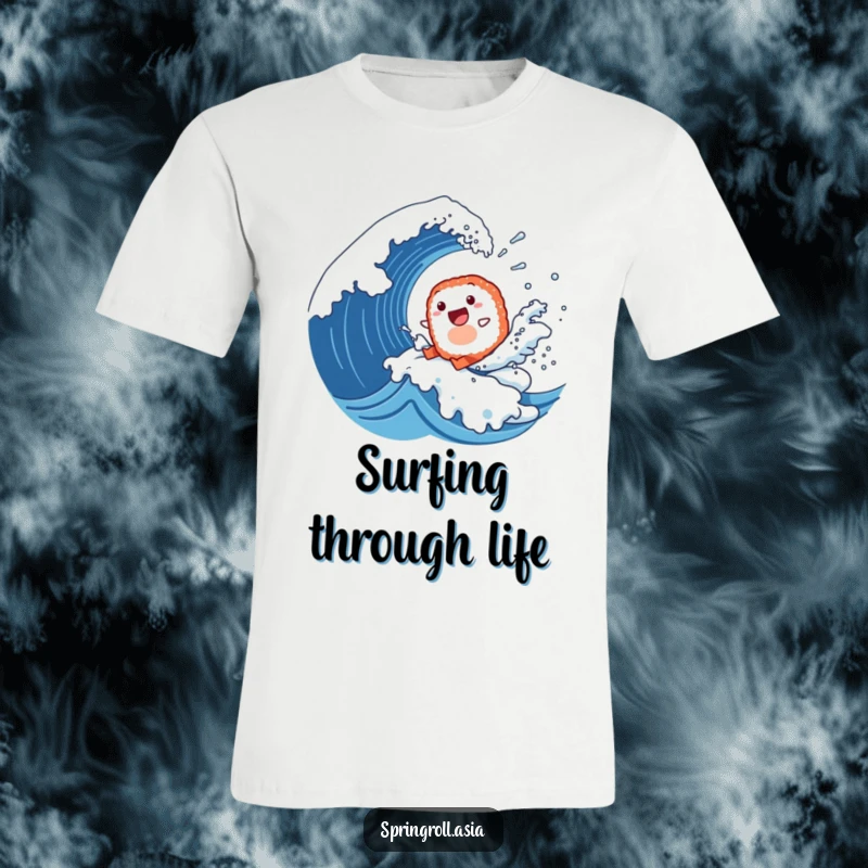 Funny t-shirt showing a happy sushi roll skillfully surfing a giant wave, with tiny water droplets adding to the dynamic action.