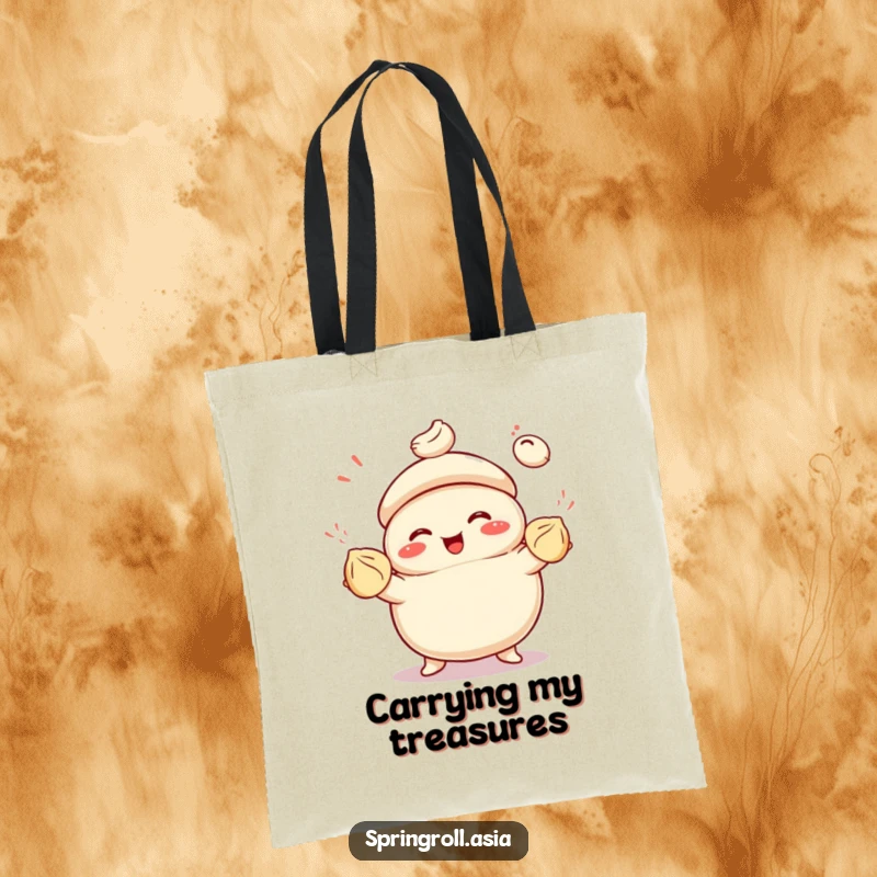 Funny tote bag showcasing a smiling bao bun juggling colorful dumplings with glee, perfect for stylish and humorous daily errands.