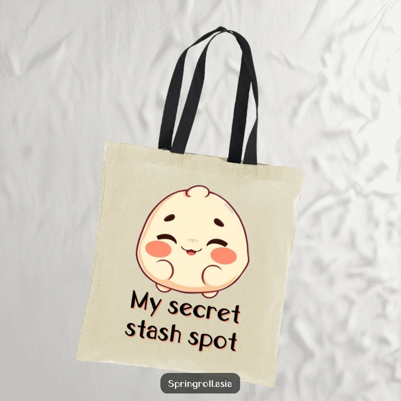 Funny tote bag: a dumpling character with a cheerful wink and wiggling eyebrows, perfect for carrying items with a playful flair.